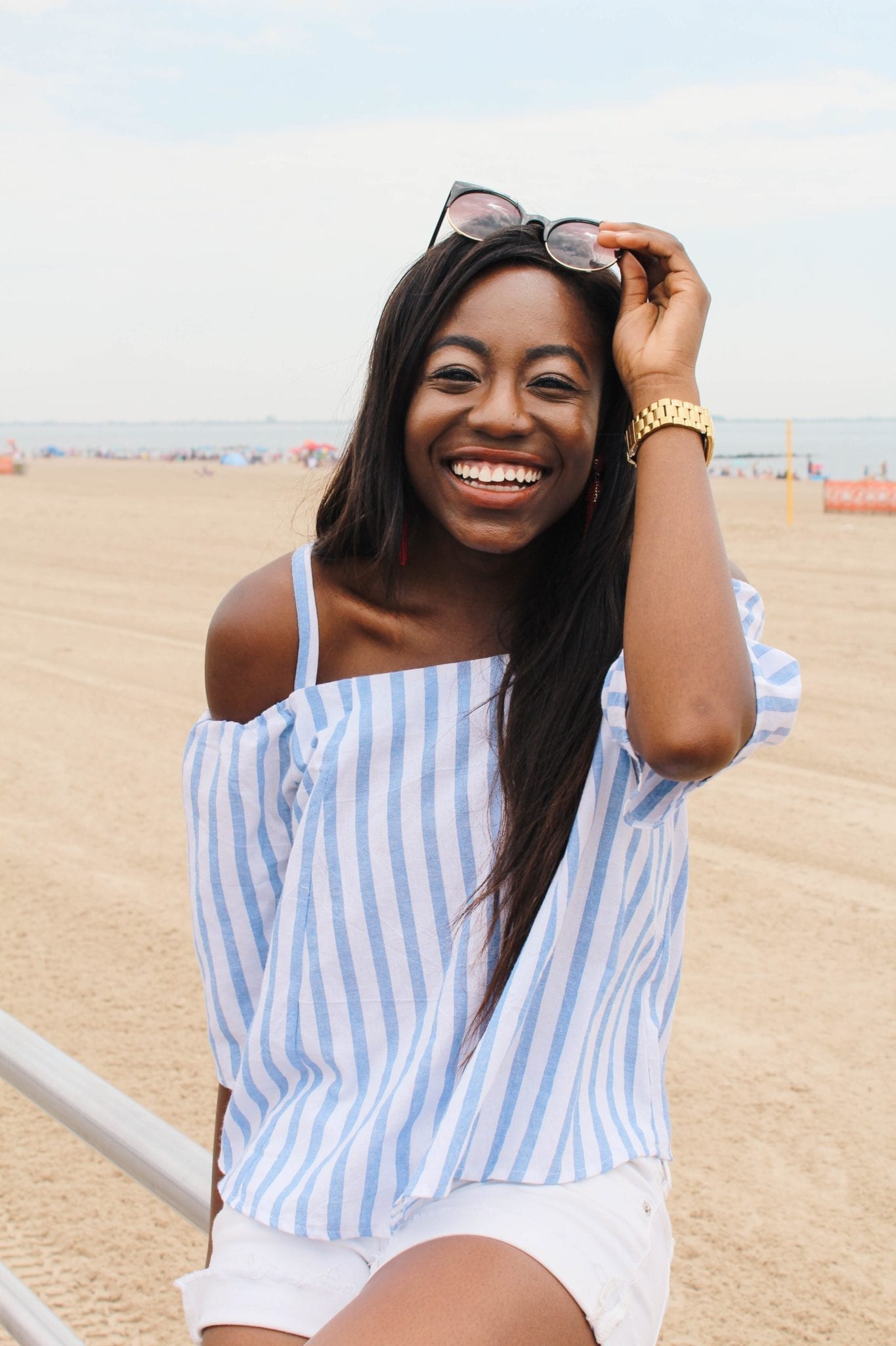 white and blue off the shoulder top coney island