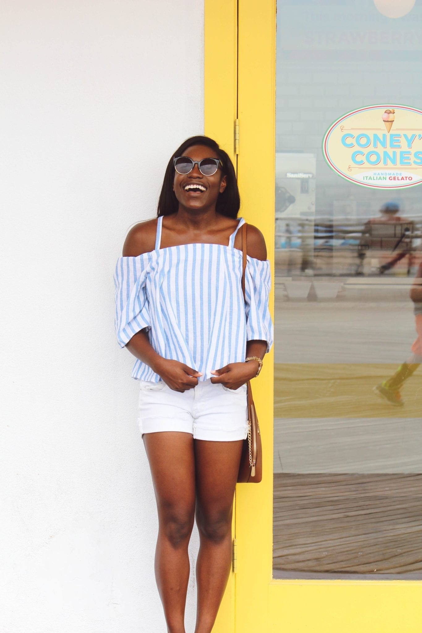 white and blue off the shoulder top coney island black girl blogger goodtomicha