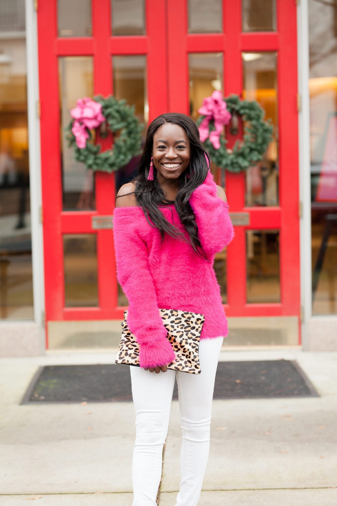 Southern fashion blogger, GoodTomicha, styles fuzzy, pink sweater from the lot! It's super soft and can be worn standard and off the shoulder. Check out the blog post to shop! GoodTomiCha.com