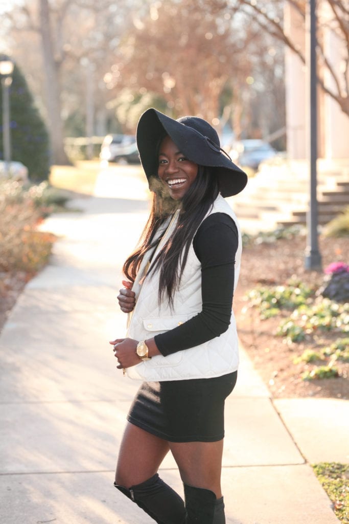 Greenville Fashion Blogger, Tomi Obebe, shot in Charlotte, North Carolina. LBD, little black dress, winter fashion, winter ootd, winter style, lbd with sleeves, under $50 finds, black floppy hat