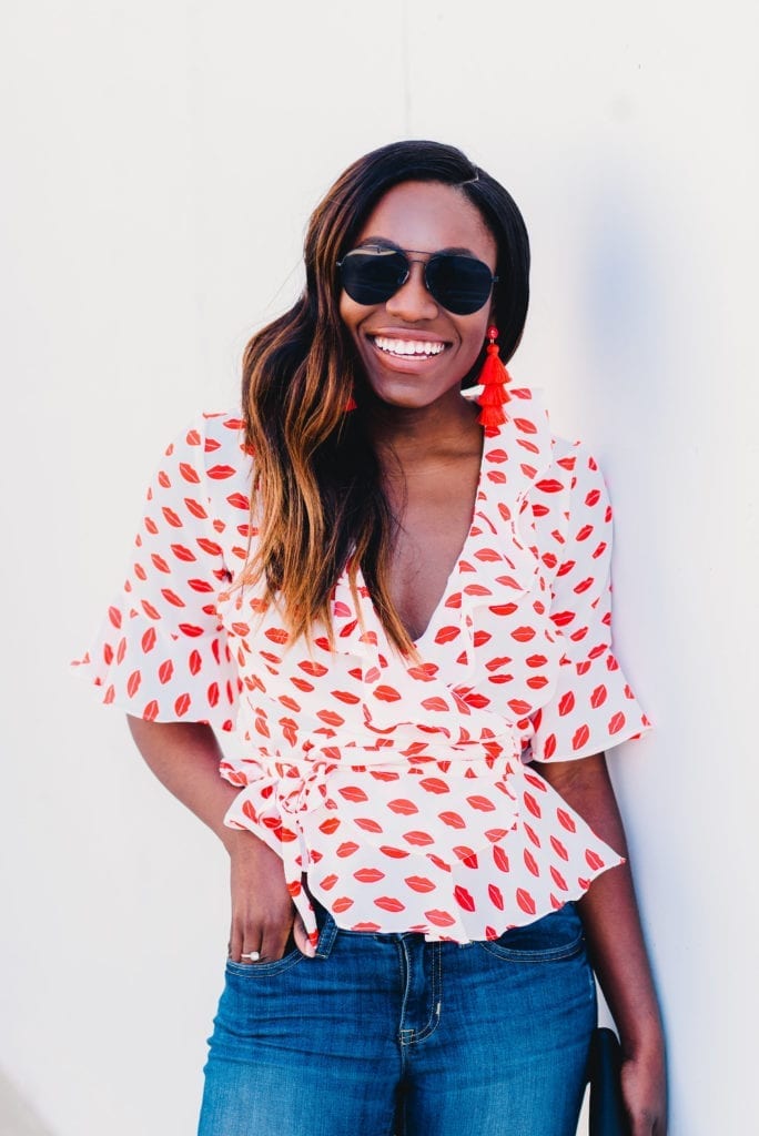 Black fashion blogger, GoodTomiCha, shares her favorite wrap tops for summer like this one from ASOS! // Lip print // casual style, outfit ideas under $100, casual outfits, blogger style, southern blogger, south carolina blogger, greenville, sc, tassel earrings, baublebar, sugarfix, target style