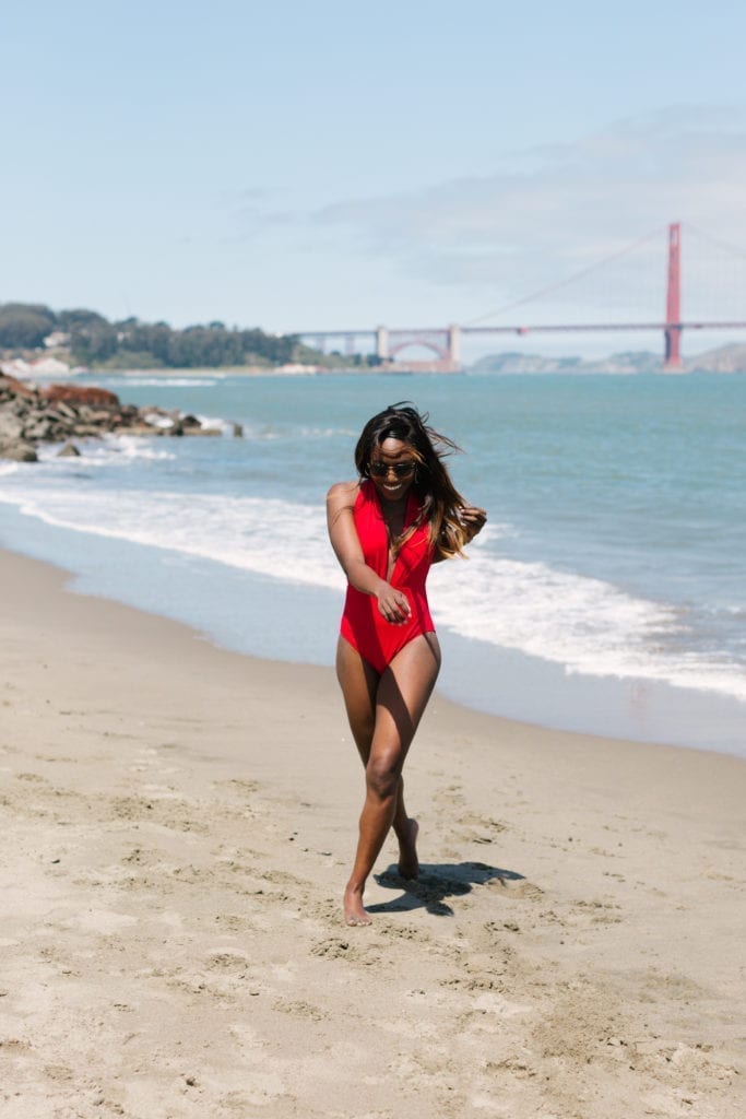 No over the top stars and stripes here. Shop the best swimwear for summer under $50 for the 4th of July. Red, white, and blue and affordable too! // GoodTomiCha // #goldengatebridge #crissyfield #redonepiece #fourthofjuly 