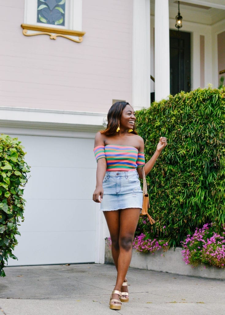 RewardStyle blogger, GoodTomiCha, shares her 3 easy outfit ideas for denim skirts on the blog | GoodTomiCha.com | #summeroutfits #blackfashionblogger #easyoutfitideas