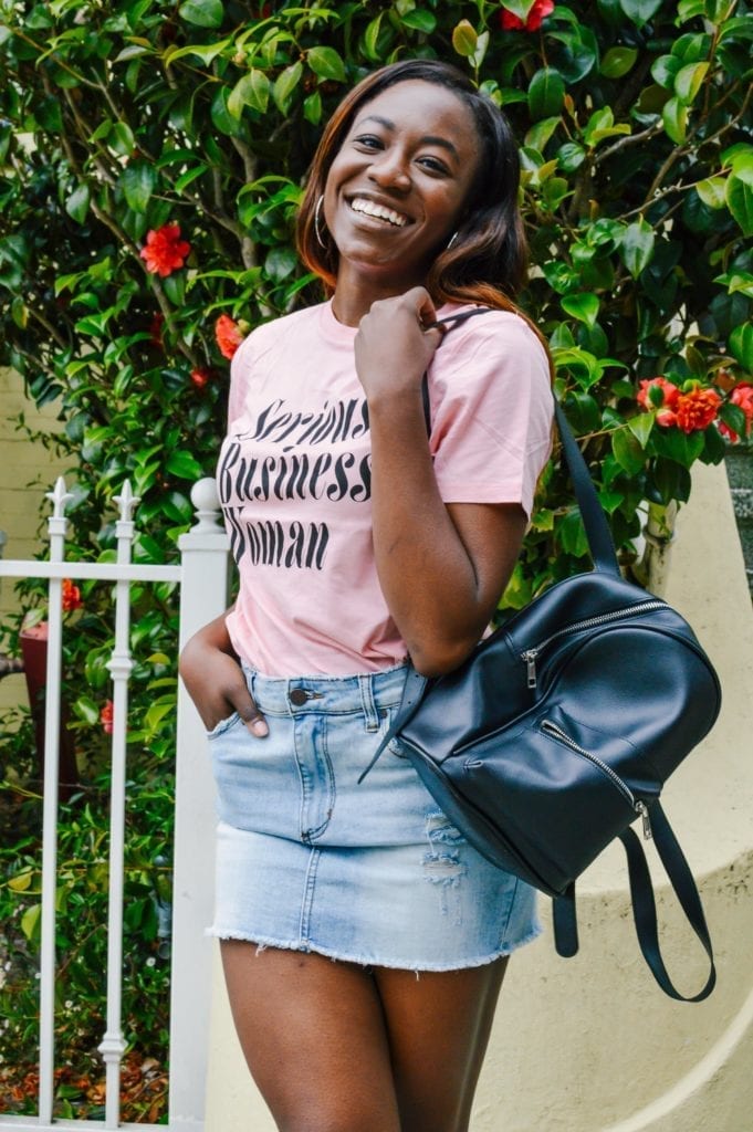 Bando Serious Business Woman Tee | GoodTomiCha | How to Style Denim Skirts | #summeroutfits #summerootd #summerstyle