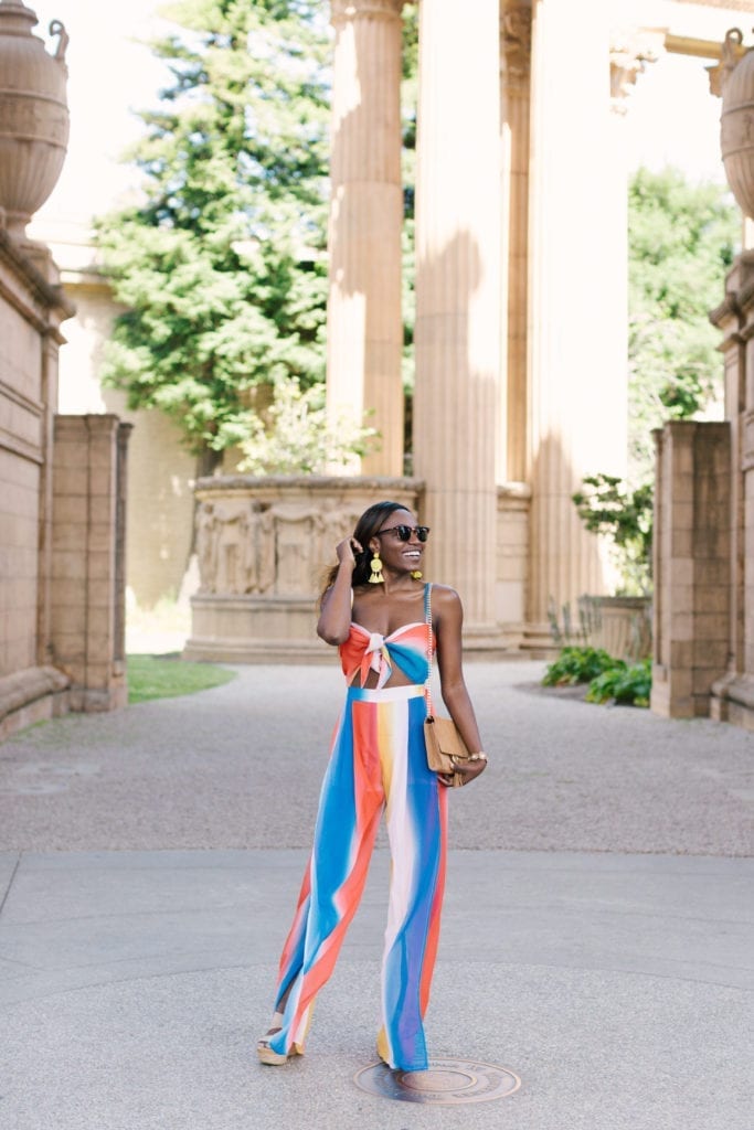 Rainbow jumpsuit from Red Dress Boutique on Fashion blogger GoodTomiCha. // Summer Vacation Outfit Ideas
