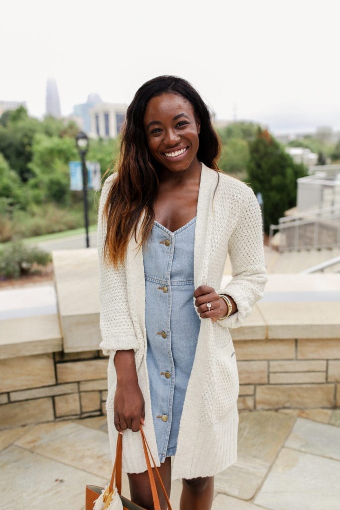 Denim Dress and Cable-Knit Cardigan