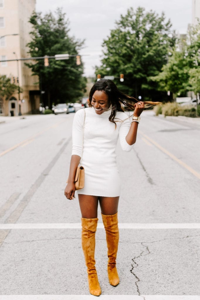 Over the knee boots from goodnight macaroon with white sweater dress on fashion blogger, GoodTomiCha