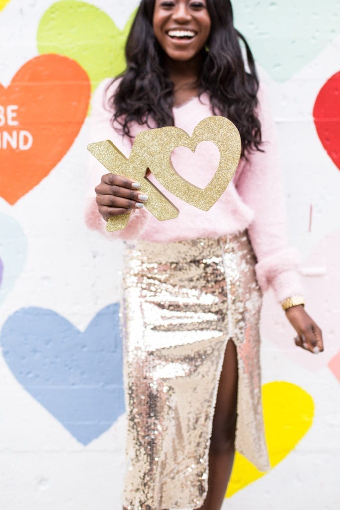 Chose Your Heart Sweater Pink Pkin Lily & We've Made It Gold Sequin Midi Skirt Lulus 