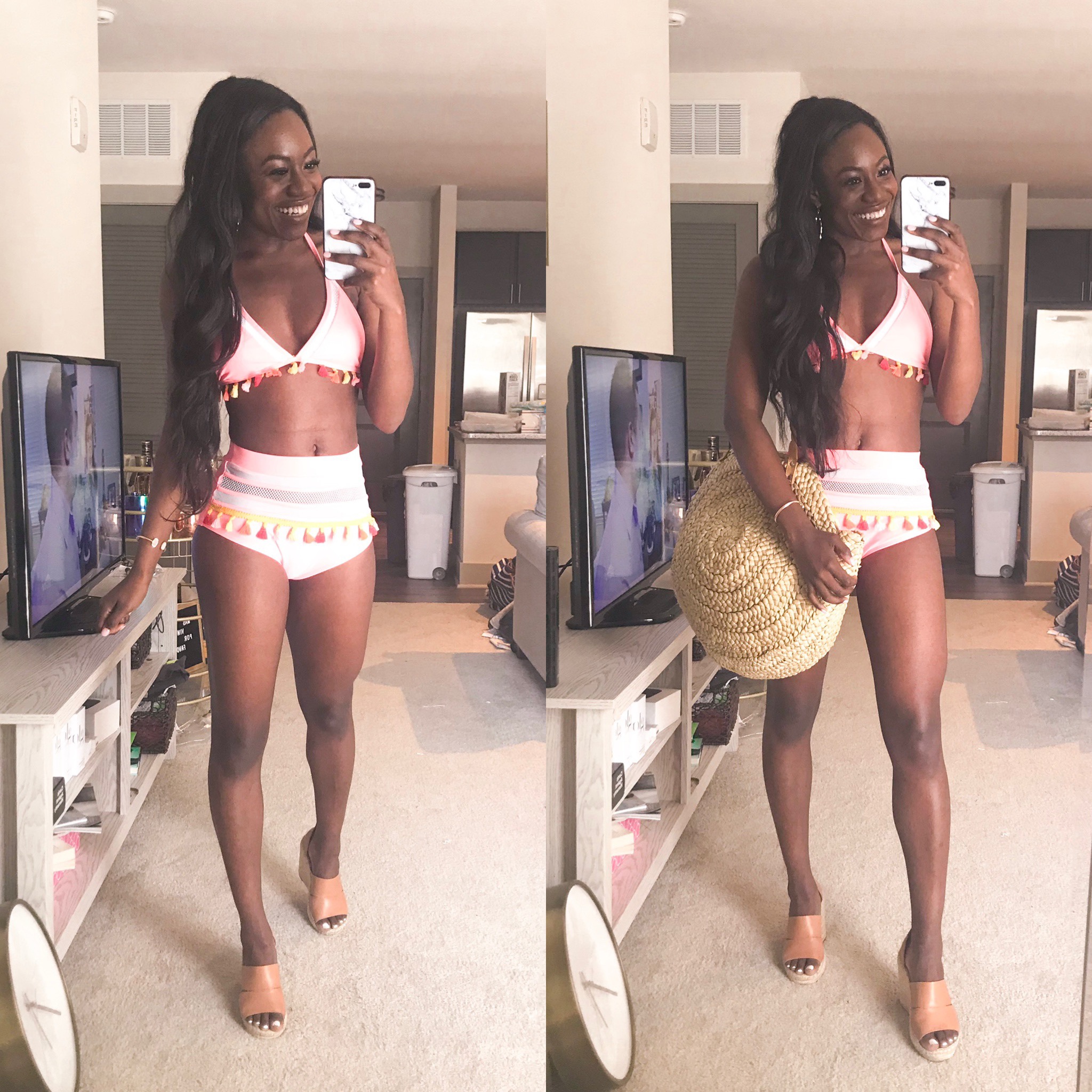 Charlotte Blogger, GoodTomiCha, shares her favorite swimsuits from Amazon | 13 swimsuits under $30 | high-waisted bikini | round tote bag |