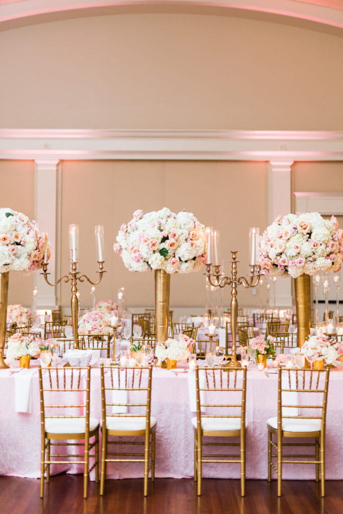 Estate tables at gorgeous Georgia wedding for blogger, Tomi (@GoodTomiCha) and Will, pink, gold, and white | Full wedding details on GoodTomiCha.com