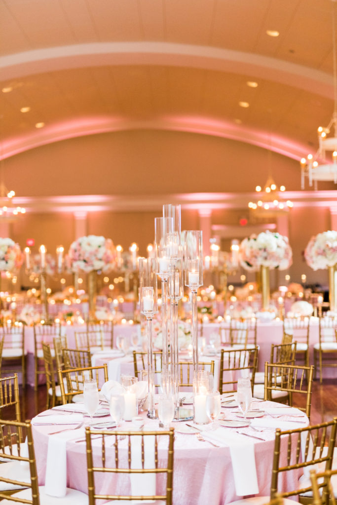Reception details with a hint of southern elegance, Gold chivari chairs and crystal candles, Overlook Ballroom at the Atlanta History Center | Full wedding details on GoodTomiCha.com