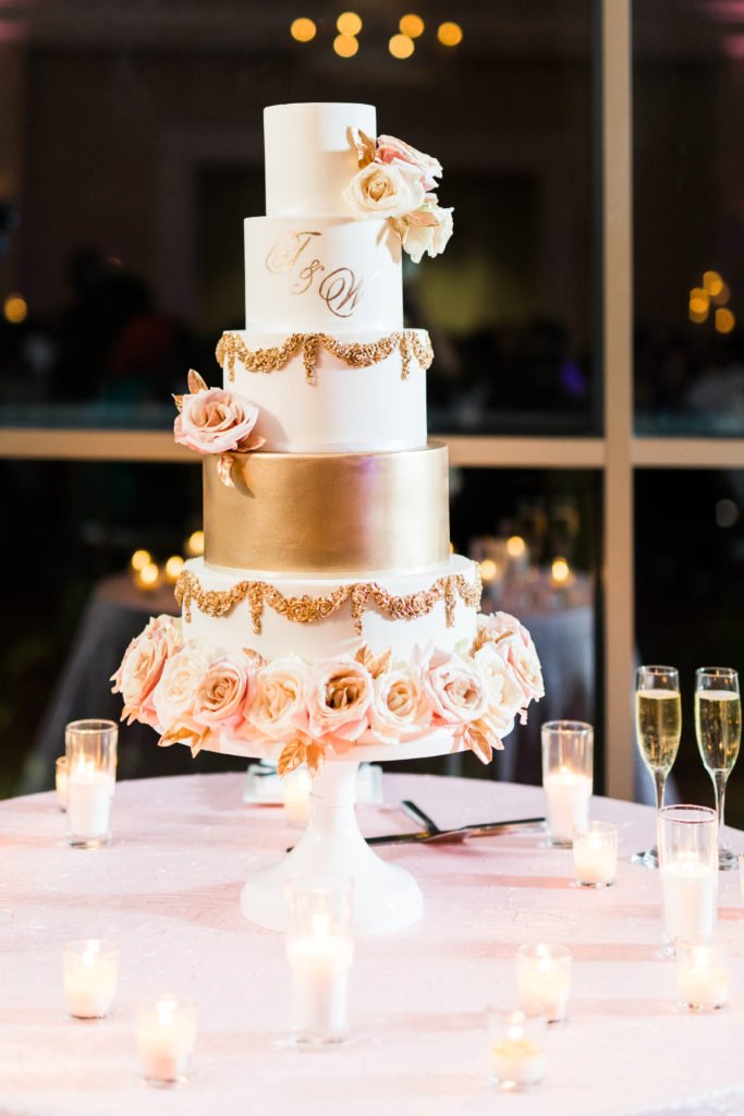 Gold, cream, and pink wedding cake by famous Atlanta baker, Andrea Weithers and Sweet Details | Full wedding details on GoodTomiCha.com 