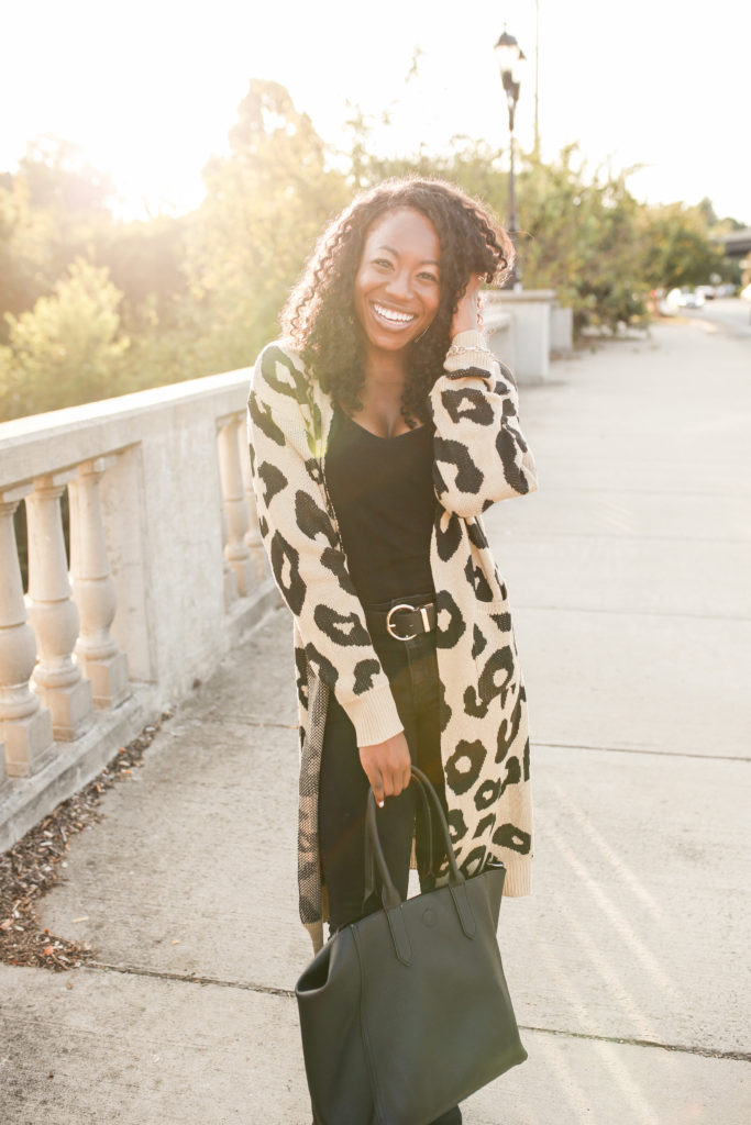 Casual fall style outfit featuring cheetah print amazon cardigan by GoodTomiCha