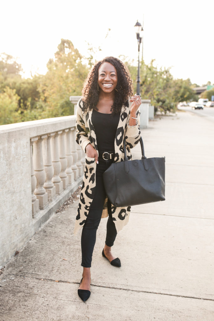 Survey says?! Charlotte lifestyle blogger, GoodTomiCha shares her thoughts on blogging and styles this cheetah print cardigan for fall