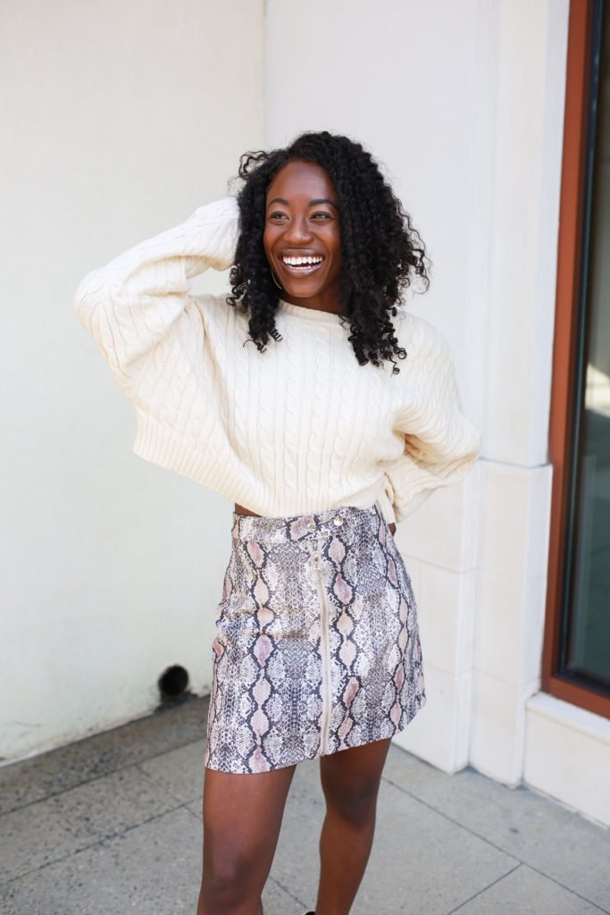 White sweater and snakeskin mini skirt on top fashion blogger, GoodTomiCha
