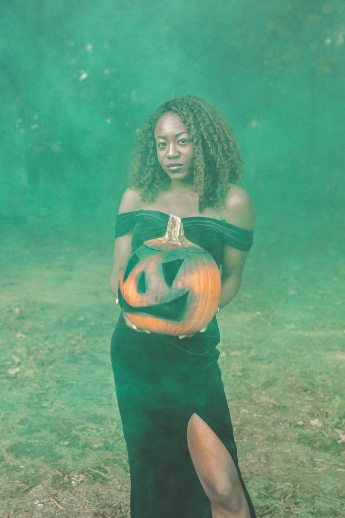 October photography ideas for fashion bloggers | green smoking pumpkin
