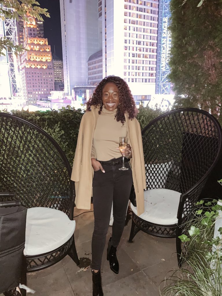 J. Crew Camel Coat Dupe for $70 with all neutral tones | styled by @GoodTomiCha | 701 West Restaurant Rooftop