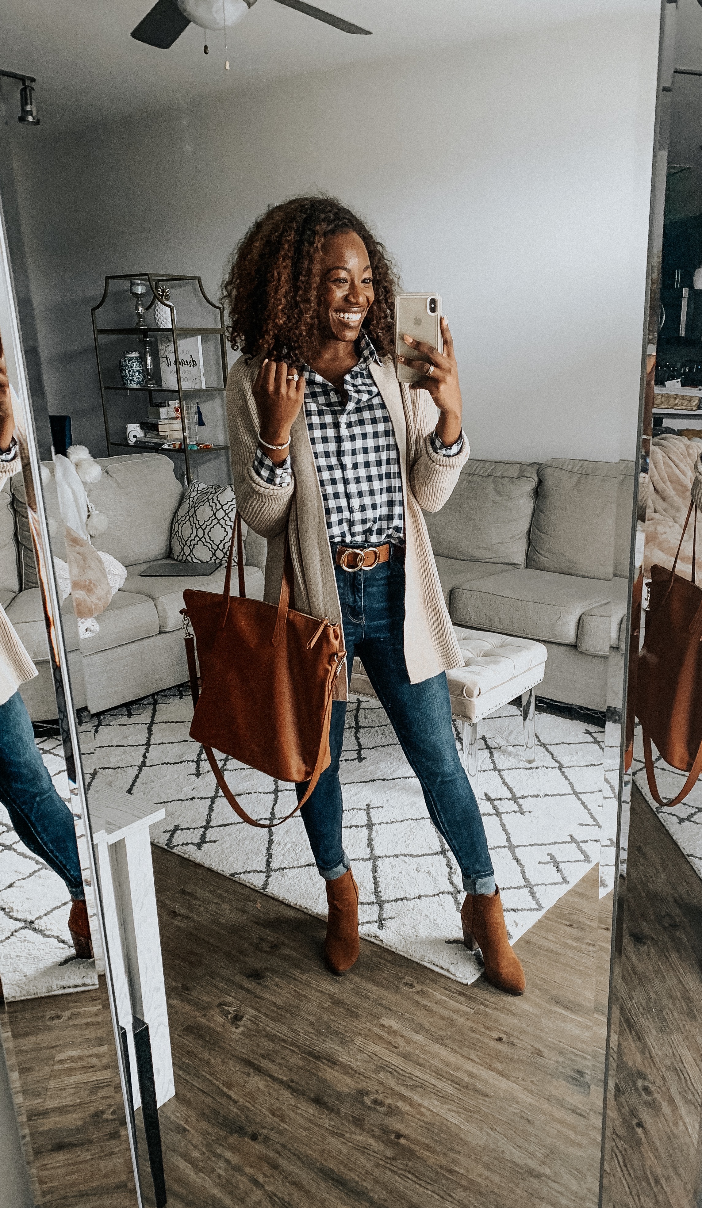 How to style a gingham flannel for work | Charlotte fashion and lifestyle blogger GoodTomiCha | neutral cardigan, ae jeans, cognac ankle boots, work tote bag