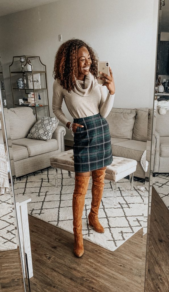 Mad for everything plaid this fall! Styling this cute plaid skirt from loft and other styles for my fall workwear capsule on the blog! 14 outfit ideas to make the workday even easier | GoodTomiCha.com | Charlotte fashion blogger | Goodnight macaroon OTK boots | cowl neck sweater