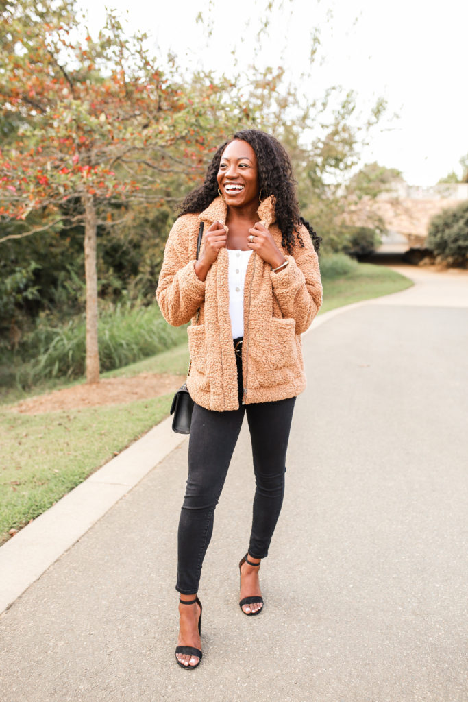 Top black fashion blogger, GoodtomiCha, shares her fave style find of the season. Teddy coats, shearling jacket, sherpa jacket, fall outfits, winter jackets, Amazon fashion, southern bloggers, north carolina bloggers,