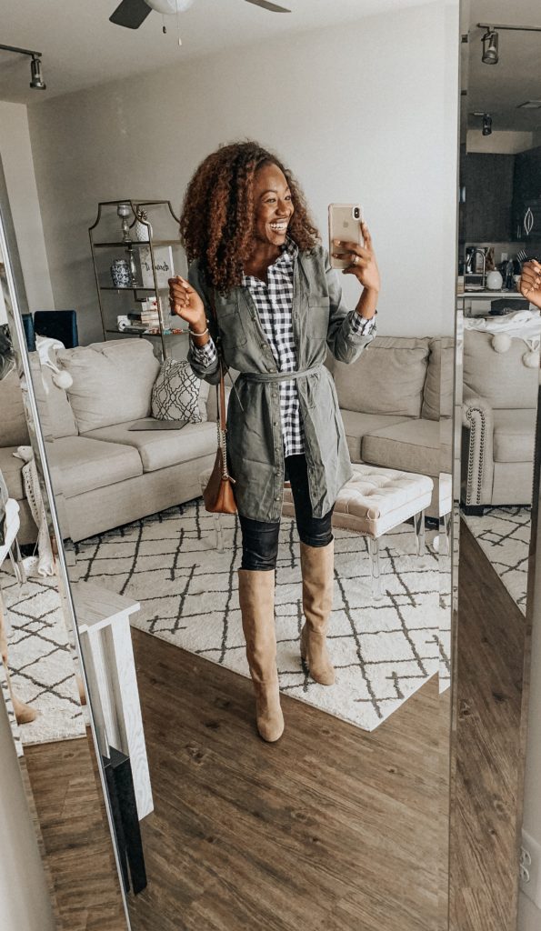 How to Style a utility vest- paired with gingham button down top and faux leather leggings | Charlotte Fashion and Lifestyle Blogger, GoodTomiCha