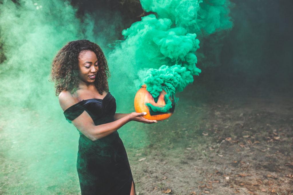 Green smoking pumpkin, halloween, october, photoshoot ideas, inspiration, bhldn, black evening gown, goodtomicha, black fashion bloggers