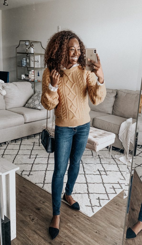 Arthur cosplay or nah? Styling this yellow cable knit sweater more in my latest post. 14 fall and winter workwear outfit ideas on the blog! | GoodTomiCha.com | black flats, black fashion blogger, charlotte, north carolina, 