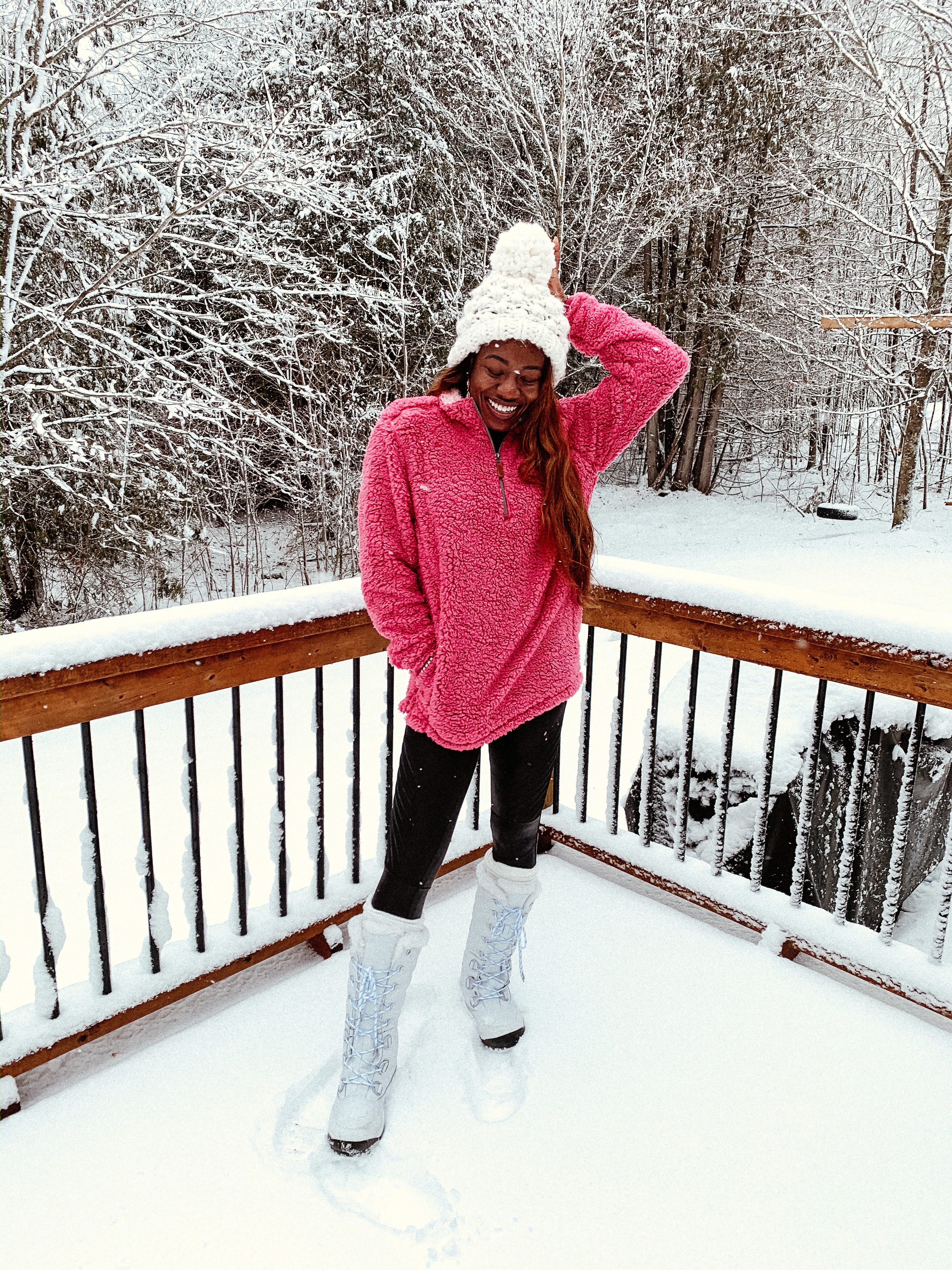 Pink Southern shirt sherpa is one of the coziest ever! More winter + snow outfit ideas on the blog | White bear paw snow boots | GoodTomiCha.com