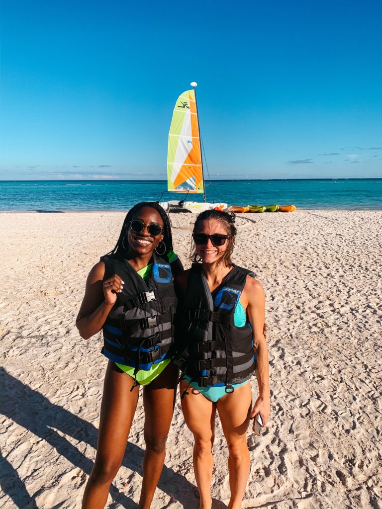 two women wearing life jackets