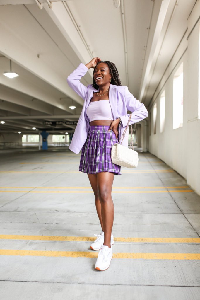 easy recreating clueless outfits, goodtomicha, purple preppy 90s outfit,