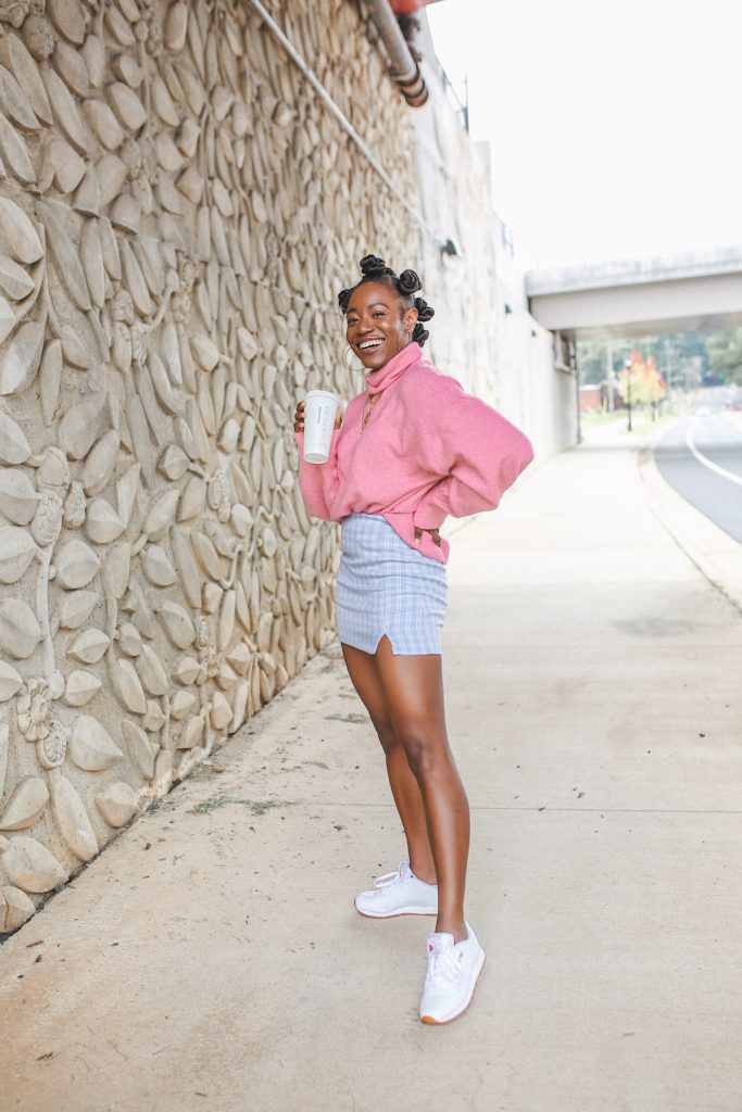 pink turtleneck sweater, blue plaid mini skirt, reebok sneakers
