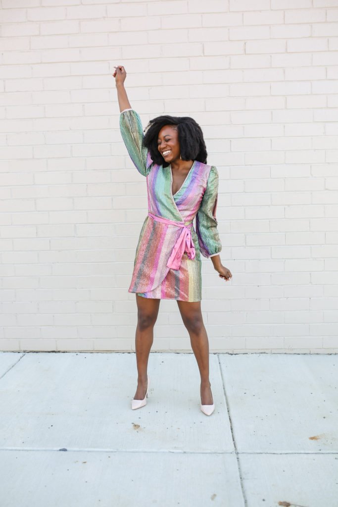 Why be moody when you could shake your rainbow booty? | Sequin striped wrap dress | goodtomicha