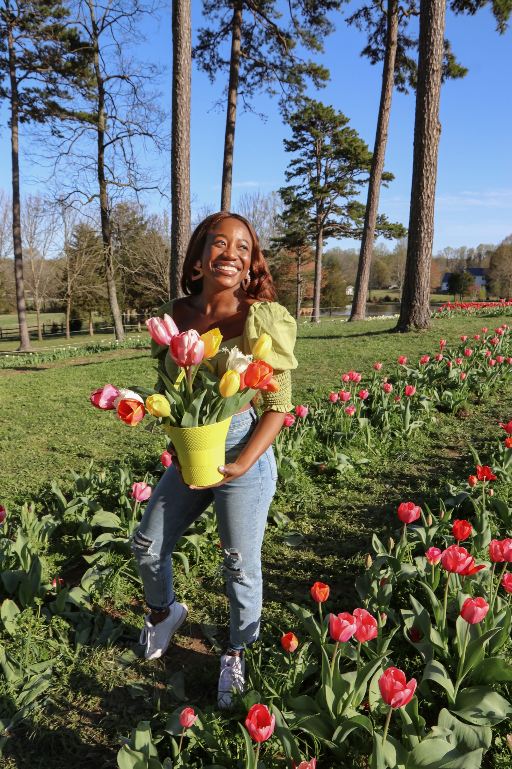 woman standing in tulip field