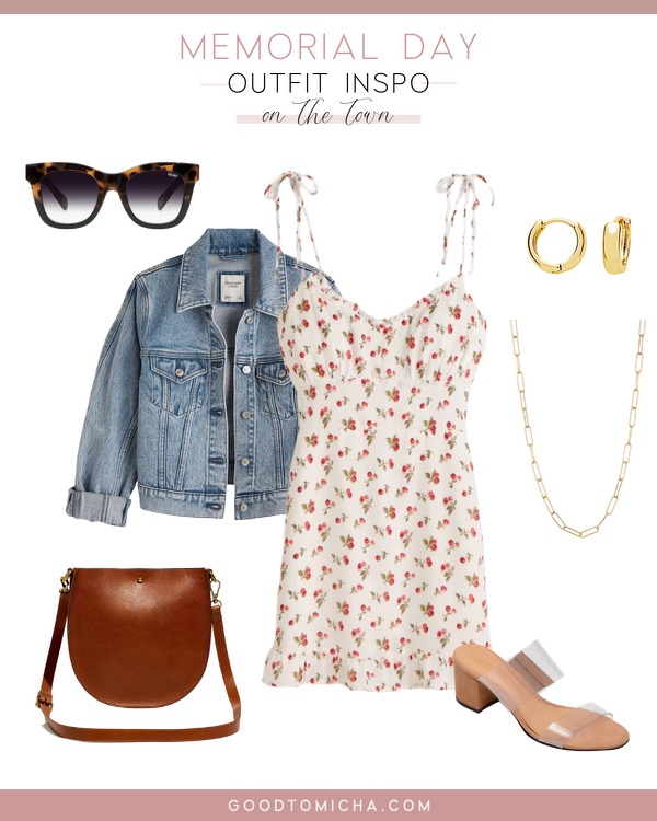 collage of Memorial Day Weekend Style inspiration with dress, denim jacket, and accessories