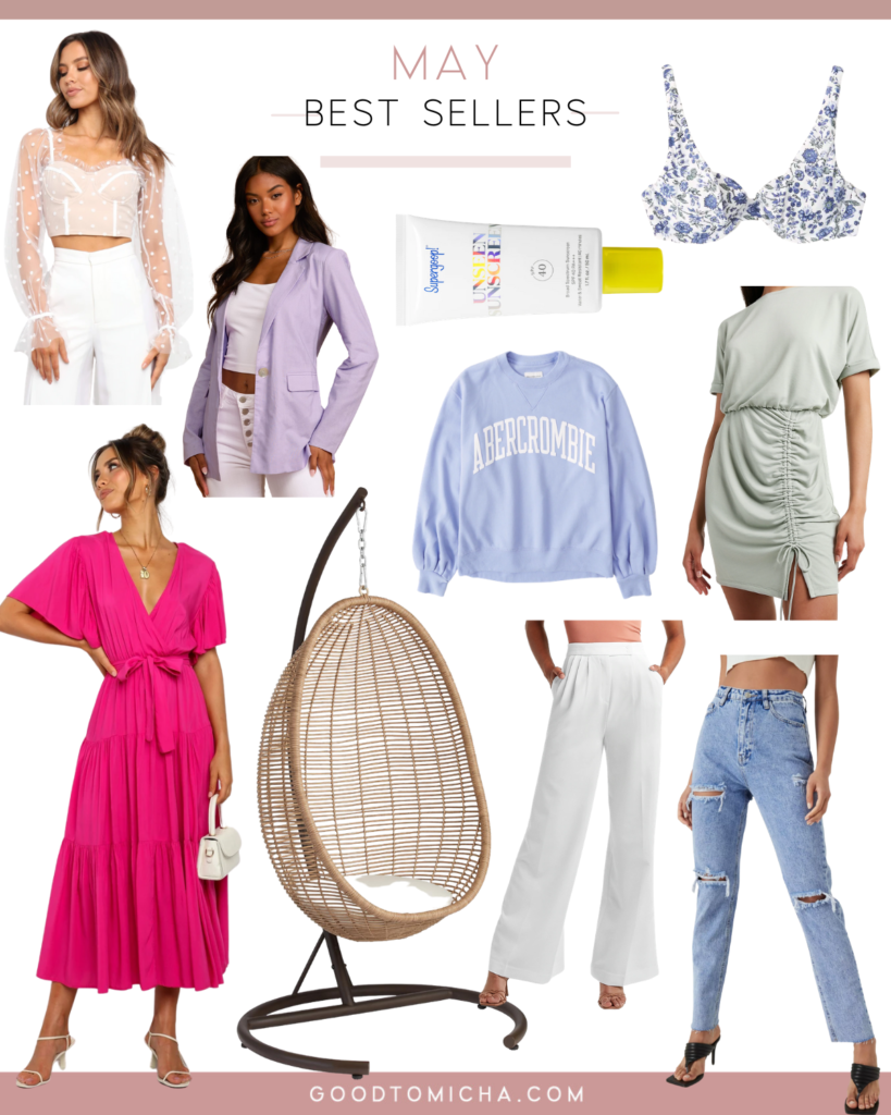 collage of May Bestsellers for content creator, GoodTomiCha | Supergoop, abercrombie, Petal & Pup, World Market, Express, Missguided