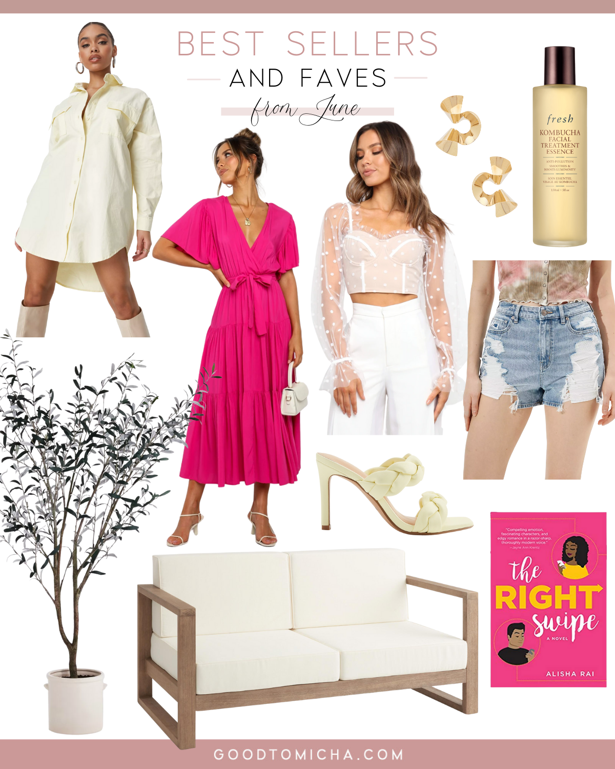 The top selling items from followers for GoodTomicha for the month of June a collage of patio furniture, summer style, denim shorts, rom com novel, skincare products, and home decor