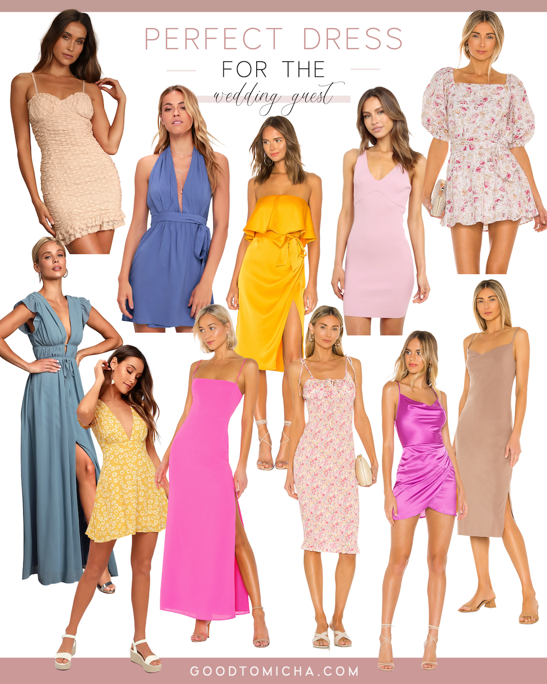 collage of wedding guest dress roundup