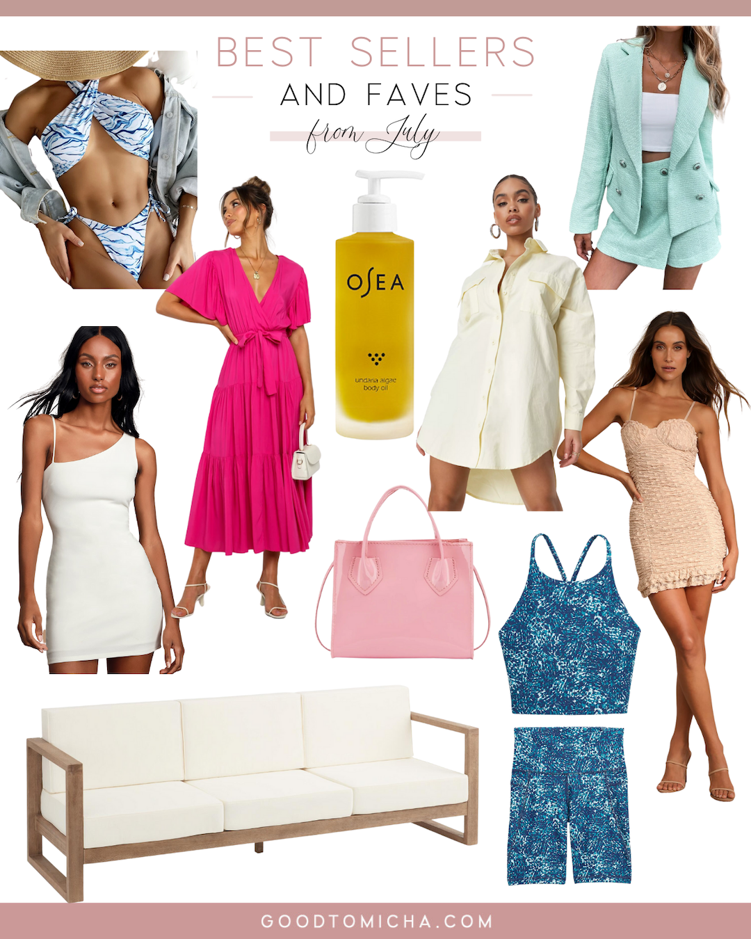 a collage of July Bestsellers with women's clothes and other items
