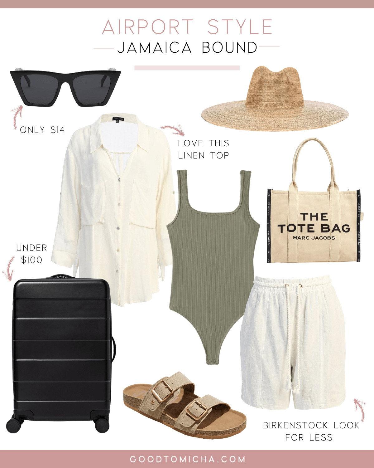 collage of items for Airport Style for what to pack for Jamaica