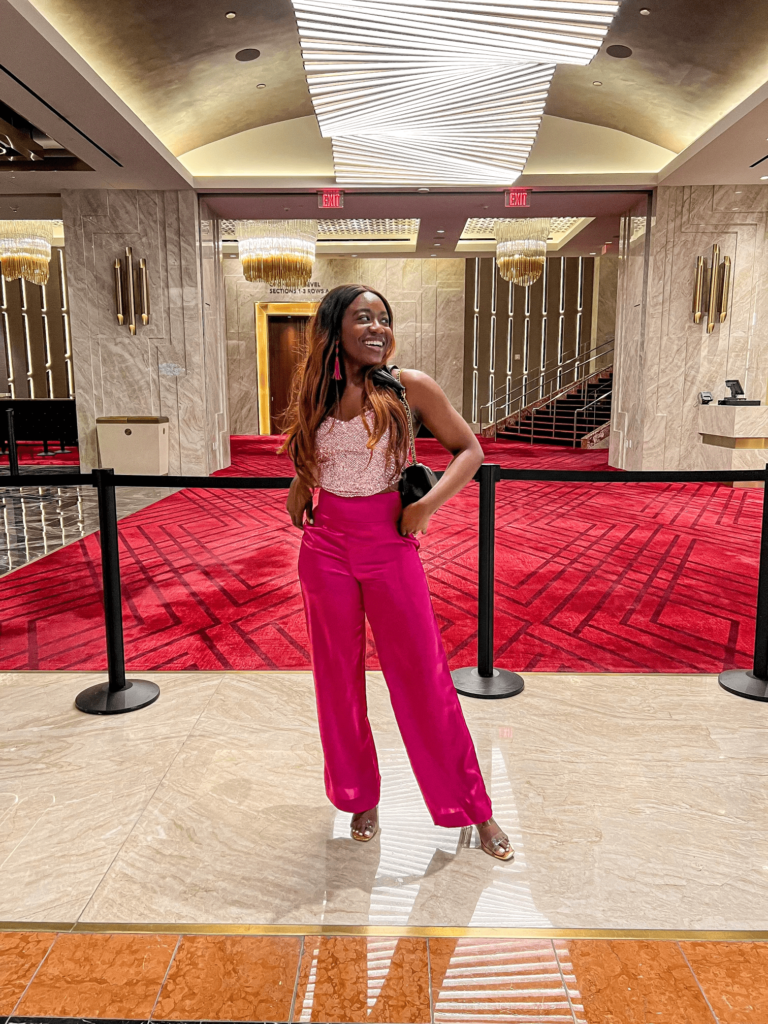 pink pants and sequin top | what I packed for Vegas