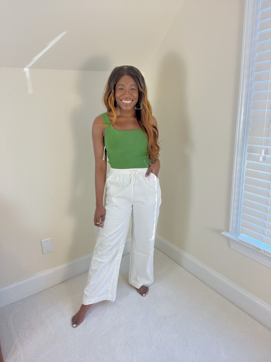 white linen pant and green tank for spring