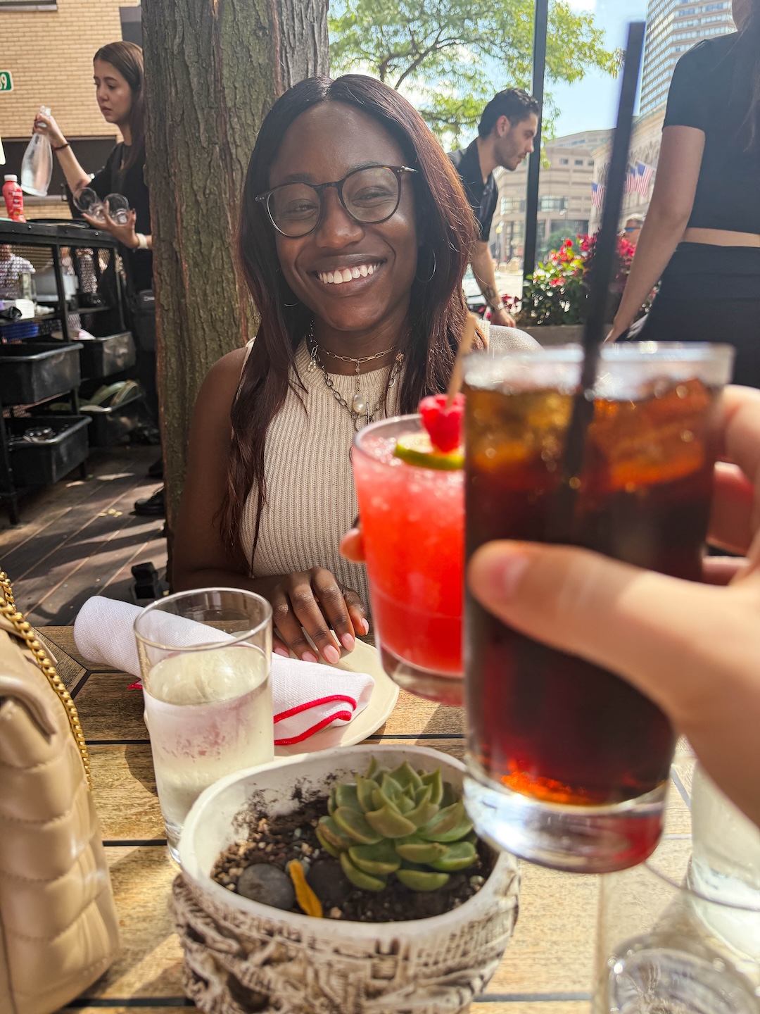 table at Lolita Mexican in Boston back bay with tacos and margaritas on their outside patio with content creator, @goodtomicha.